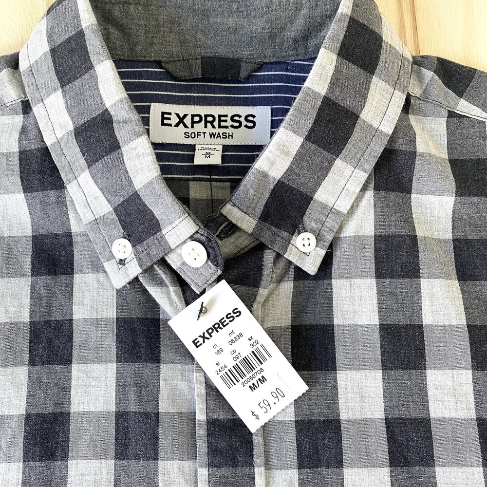 Express Shirt Mens Size Medium Gray Plaid Soft Wash Casual Button Up Long Sleeve